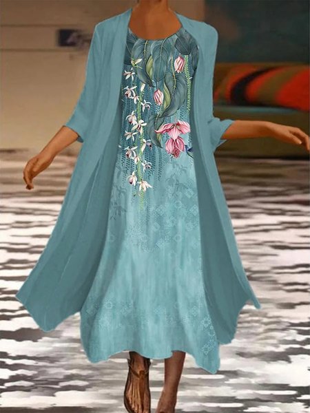 

Elegant Floral Loose Wrap Two-Piece Set, Blue, Suit Set