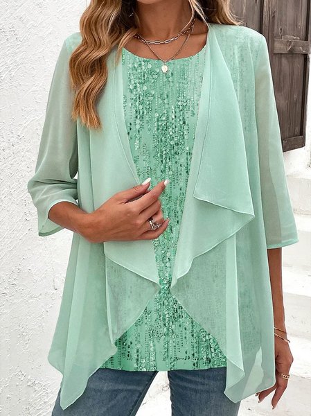 

Elegant Crew Neck Plain Chiffon Shirt, Aqua, Shirts & Blouses