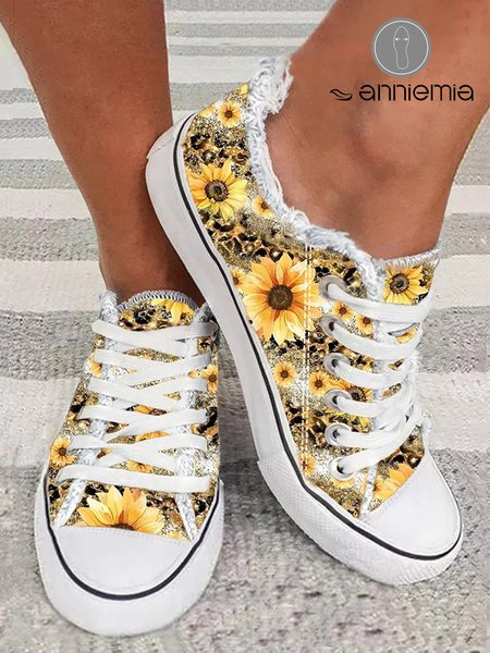 

Sunflower Leopard Print Raw Hem Lace-Up Canvas Shoes, Yellow, Sneakers