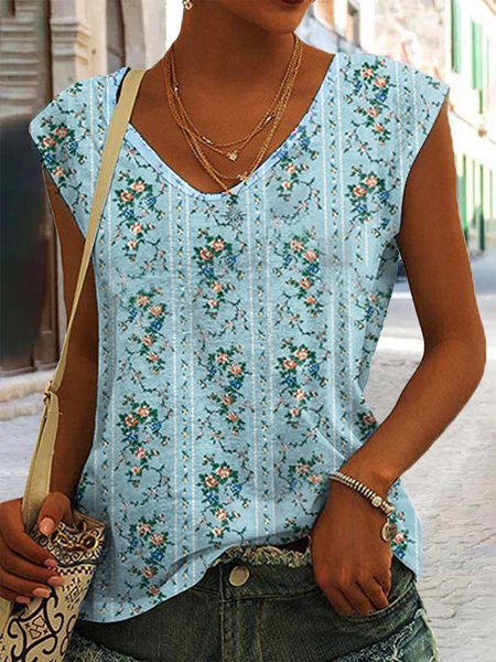 

Casual Loose V Neck Floral Tank Top, Blue, Tanks & Camis