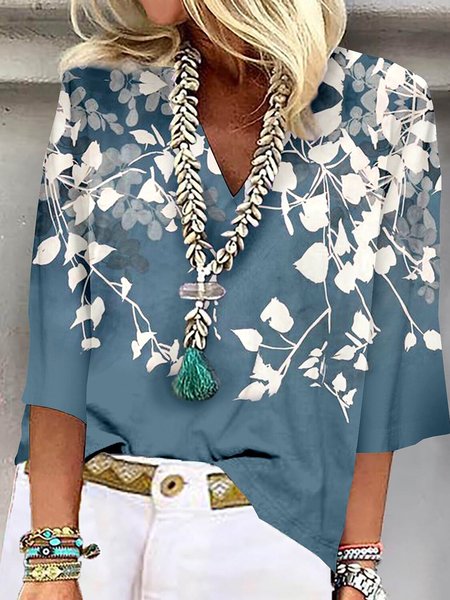 

V Neck Floral Casual Loose Shirt, Dark blue, Shirts & Blouses