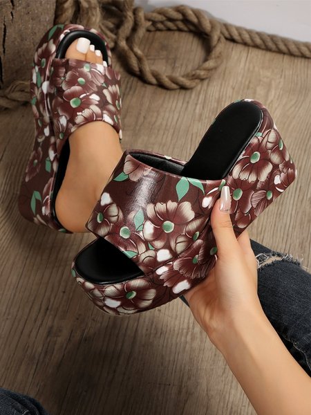 

Beach Vacation Brown Floral Wedge Sandals, As picture, Sandals & Slippers