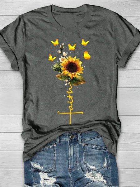 

Crew Neck Loose Casual Floral T-Shirt, Gray, T-Shirts