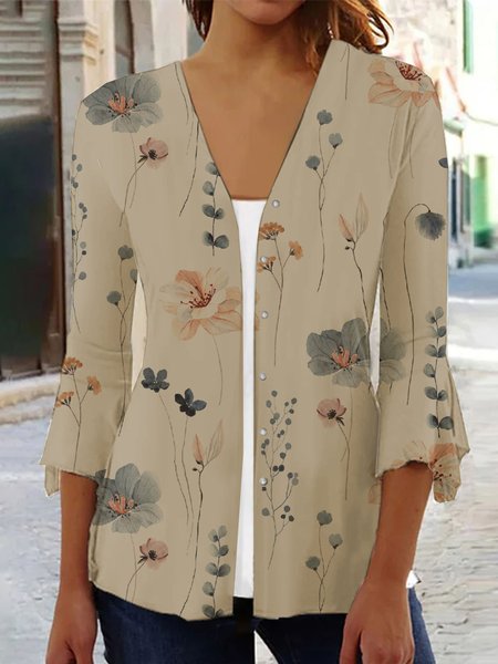 

Women Casual Floral Loose Open Front Button Three Quarter Sleeve Cardigan Blouse, Khaki, Blouses & Shirts