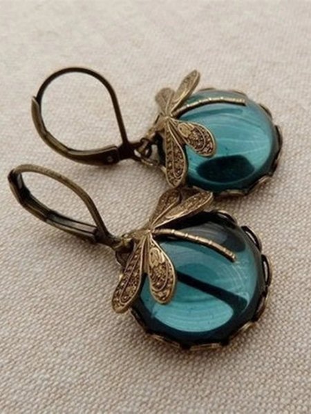 

Hecheng European and American cross-border foreign trade jewelry retro dragonfly pattern earrings old moonstone ladies earrings wholesale, Denim blue, Earrings