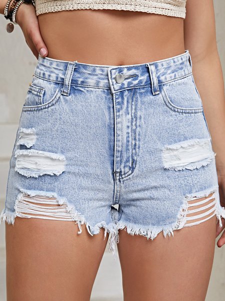 

Casual Fashion Ripped High Stretch Denim Shorts Daily Vacation Women's Wear, Blue, Shorts