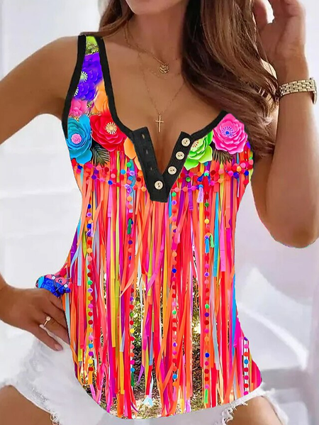 

V Neck Floral Regular Fit Casual Tank Top, Red, Tanks & Camis