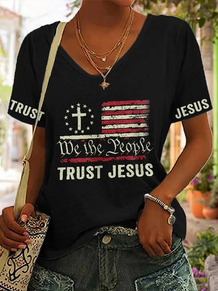 

V Neck Casual Flag T-Shirt, Black, T-Shirts