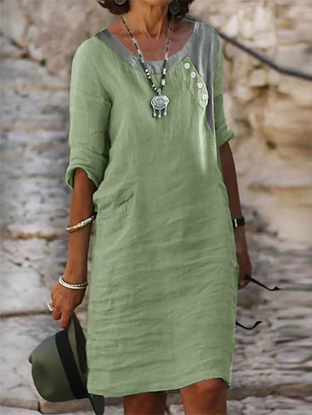 

Cotton And Linen Crew Neck Loose Linen Dress, Green, Dresses