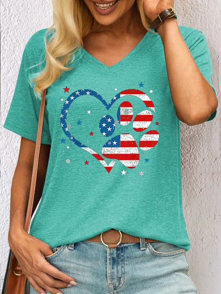 

womens Heart Paw Print Patriotic Cat Dog Lover V Neck Casual T-Shirt, Green, T-shirts