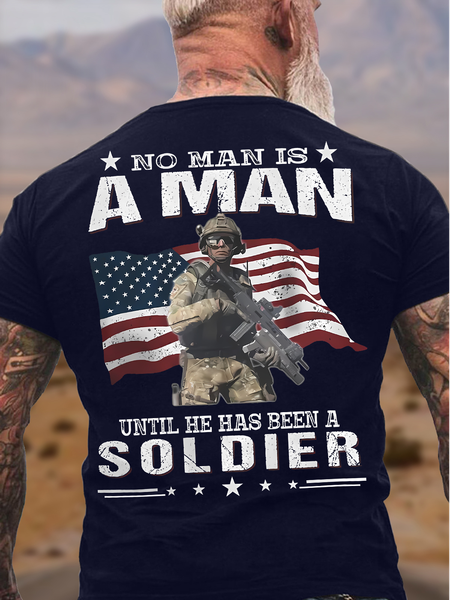 

Men's Funny No Man Is A Man Until He Has Been A Soldier Graphic Printing America Flag Cotton Casual Loose T-Shirt, Purplish blue, T-shirts