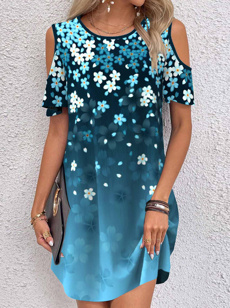 

Casual Loose Floral Dress With No Belt, Blue, Dresses