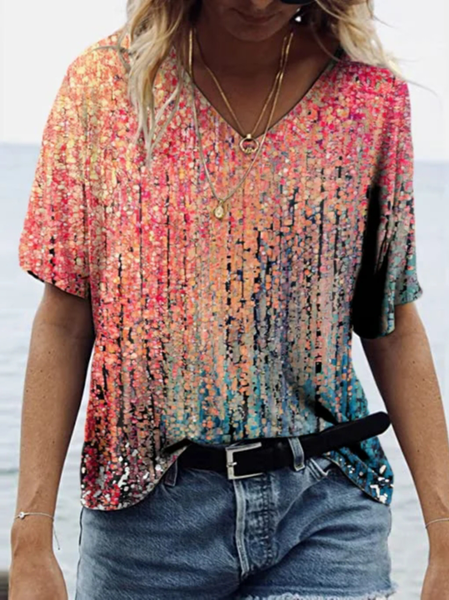 

V Neck Casual Loose Gradient Pattern T-Shirt, Dark pink, T-Shirts