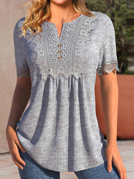 

V Neck Casual Plain Loose Shirt, Gray, Shirts & Blouses