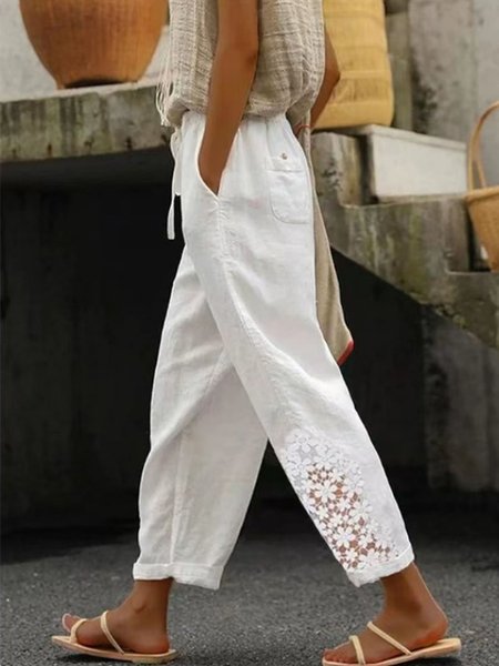 

Loose Cotton Casual Patchwork lace Pants, White, Pants