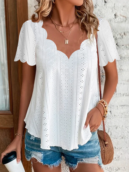 

V Neck Loose Casual Plain Shirt, White, Blouses