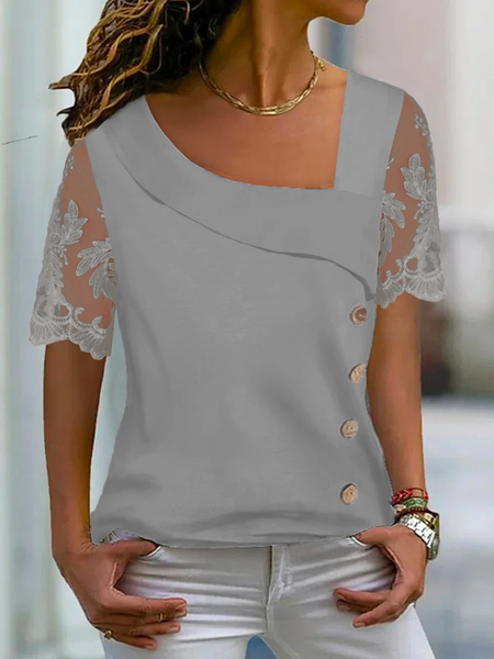 

Women Casual Asymmetrical Neck Buttoned Mesh Floral Lace Short Sleeve T-shirt, Gray, Tees & T-shirts