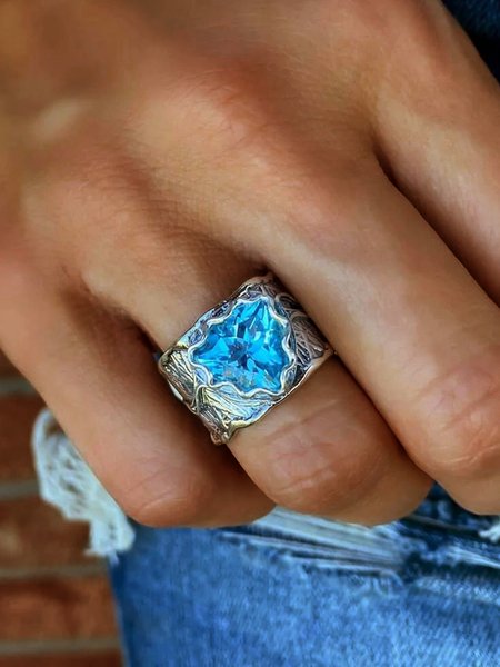 

Vintage Blue Crystal Metal Distressed Ring Casual Vacation Women's Jewelry, As picture, Rings