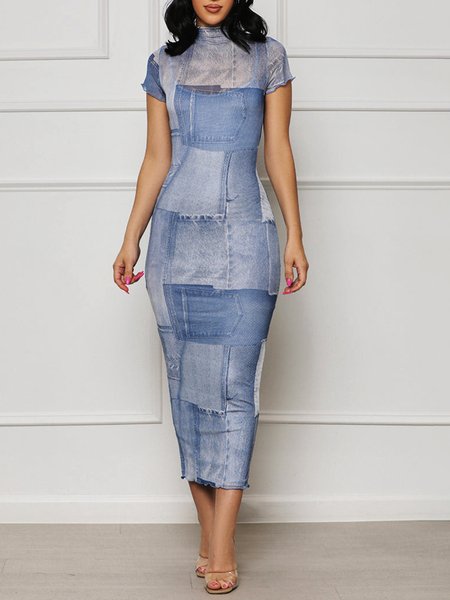 

Regular Fit Half Turtleneck Geometric Urban Dress, Blue, Midi Dresses