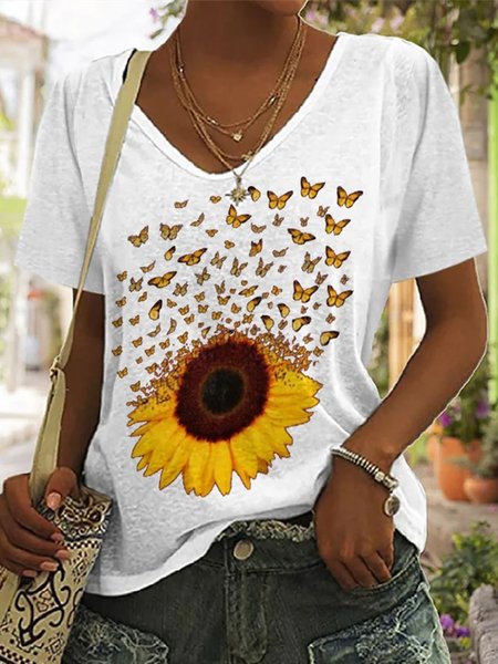 

Loose Sunflower Casual T-Shirt, White, T-Shirts