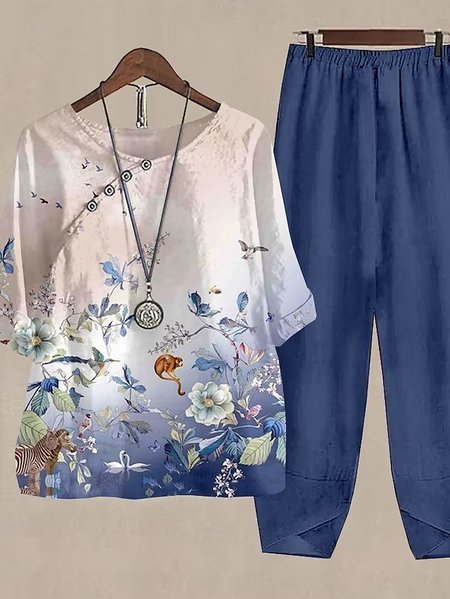 

Loose Casual Floral Crew Neck Two-Piece Set, Blue, Suit Set