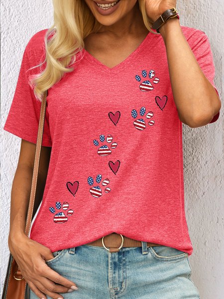 

Women's Cute Dog Paw Patriotic Print Casual T-Shirt, Pink, T-shirts