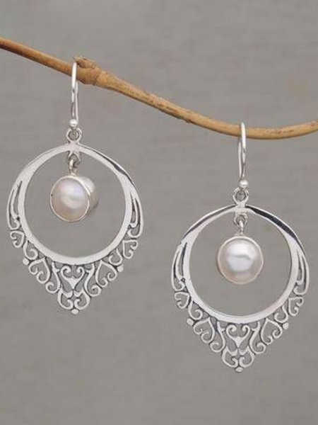 

Casual Metallic Ethnic Pattern Pearl Drop Earrings Vacation Women's Jewelry, Silver, Earrings