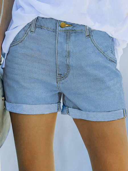 

Plain Denim Casual Roll Up Hem Denim Shorts, Blue, Shorts