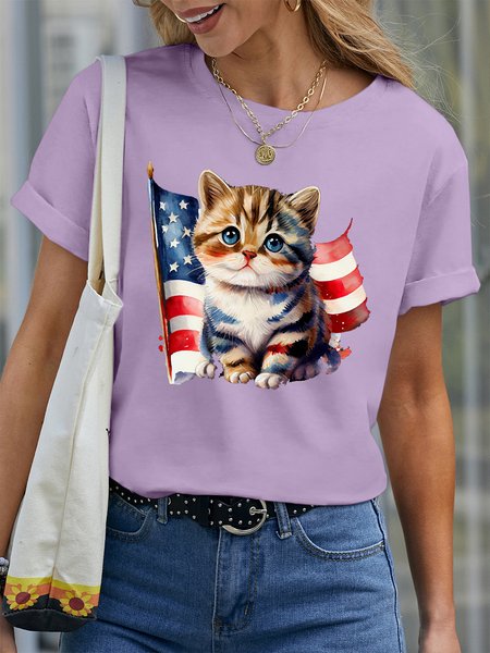 Women's 4th July Watercolor Cute Cats Casual Crew Neck T-Shirt, Purple, T-shirts