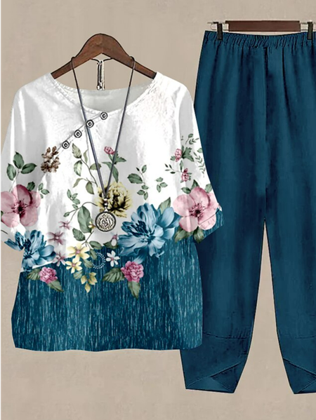 

Crew Neck Loose Floral Casual Two-Piece Set, Blue, Suit Set
