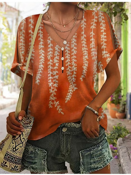 

Casual V Neck Leaf Loose Shirt, Orange, Shirts & Blouses