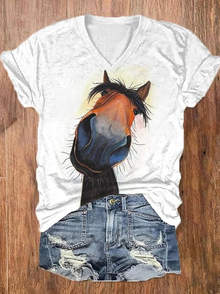 

Women's Funny Horse Print Cotton-Blend Casual T-Shirt, White, T-shirts
