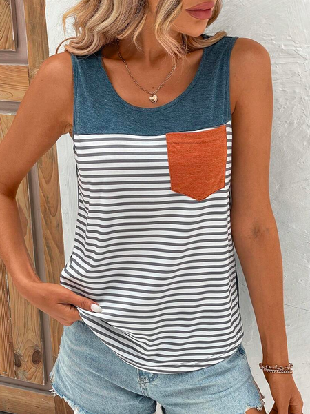 

Striped Crew Neck Casual Pocket Patched Tank Top, Blue, Tanks & Camis