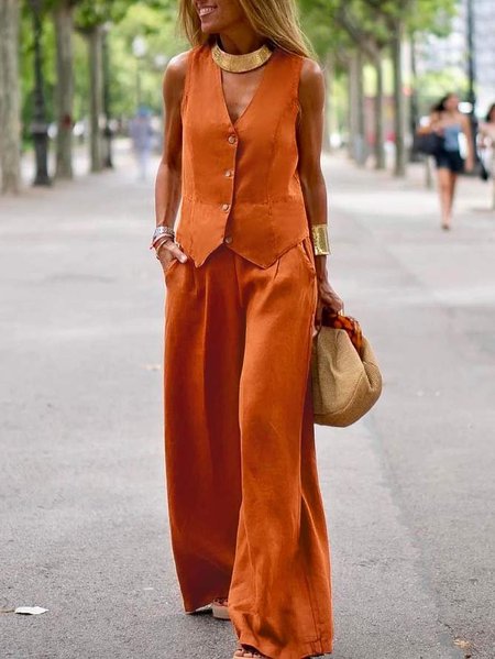 

Cotton Buttoned Plain Casual Two-Piece Set, Brown, Suit Set