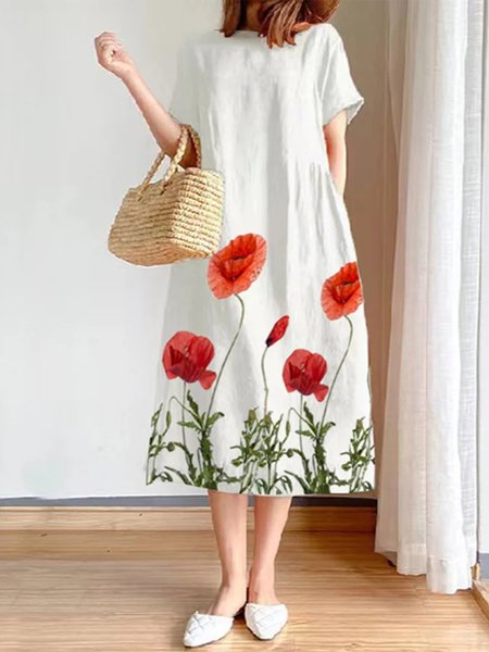 

Floral Casual Ruched Dress, White, Dresses