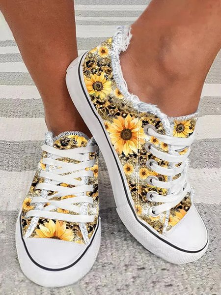 

Sunflower Leopard Print Raw Hem Lace-Up Canvas Shoes, Yellow, Sneakers