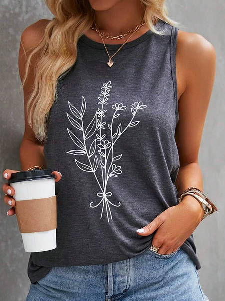 

Crew Neck Casual Plain Floral Print Tank Top, Gray, Tanks & Camis