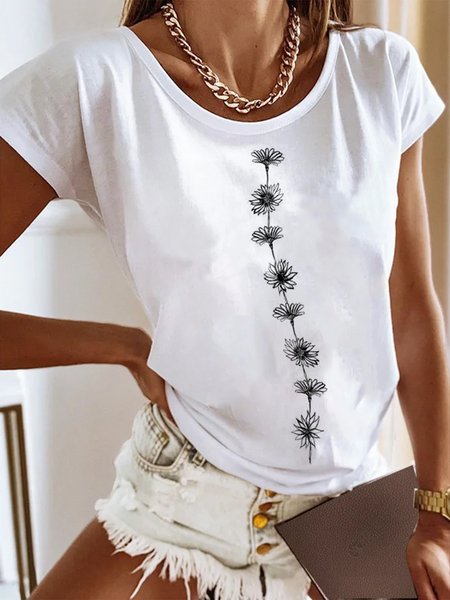 

Crew Neck Floral Loose Casual T-Shirt, White, T-Shirts