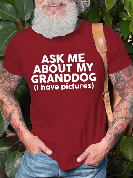 

Men's Ask Me About My Granddog Crew Neck Text Letters Casual T-Shirt, Red, T-shirts