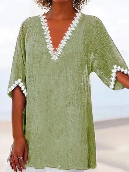 

Lace Edge Linen V Neck Shirt, Green, Shirts & Blouses