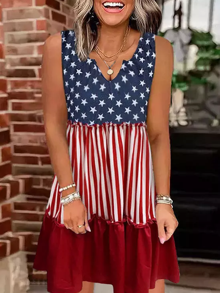 

Women's American Flag Star Vertical Striped Ruffled Mini Dress, Dark blue, Dresses
