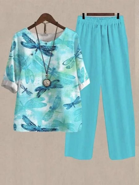 

V Neck Loose Casual Two-Piece Set, Lake blue, Suit Set