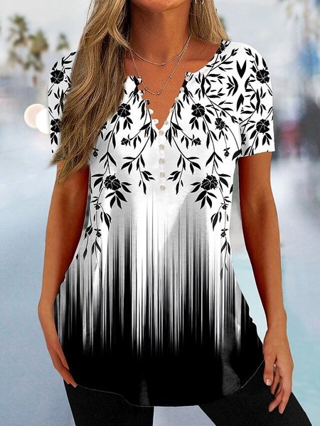 

V Neck Casual Shirt, Black-white, Shirts & Blouses