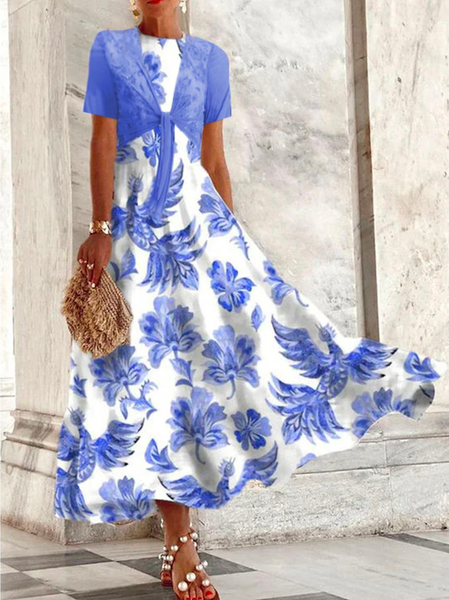 

Floral Elegant Loose Crew Neck Two-Piece Set, Blue, Suit Set