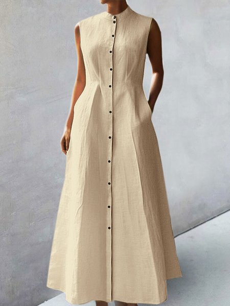 

Plain Elegant Stand Collar Sleeveless Dress, Apricot, Maxi Dresses