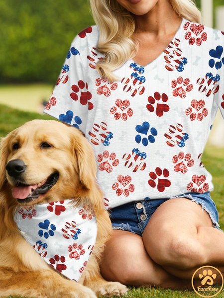 

Women's Cute Dog America Flag Casual Loose Matching T-Shirt, White, T-shirts
