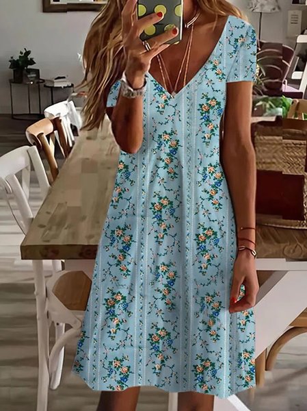 

Casual Loose Floral V Neck Dress, Blue, Dresses