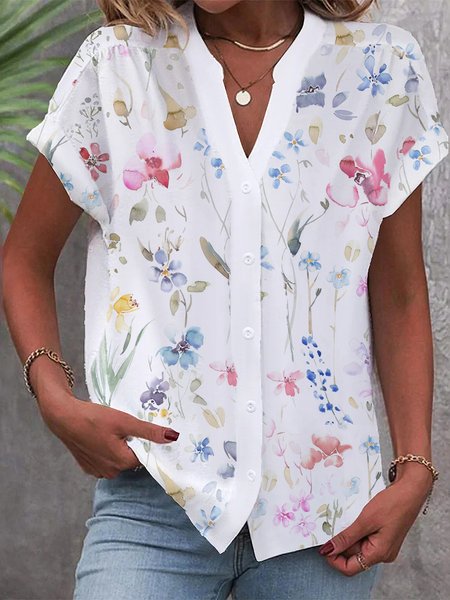 

Cotton Casual Floral V Neck Blouse, White, Shirts & Blouses