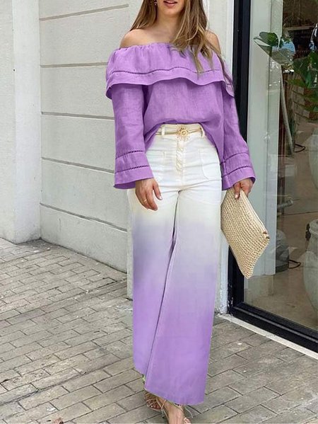

Plain Loose Cold Shoulder Vacation Shirt, Purple, Blouses and Shirts