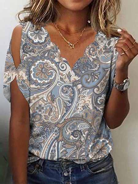 

Casual V Neck Loose Paisley T-Shirt, Blue, T-Shirts